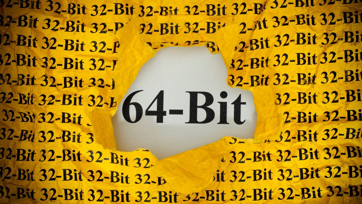 A kép középpontjában a '64-Bit' felirat látható, körülötte '32-Bit' szöveggel.