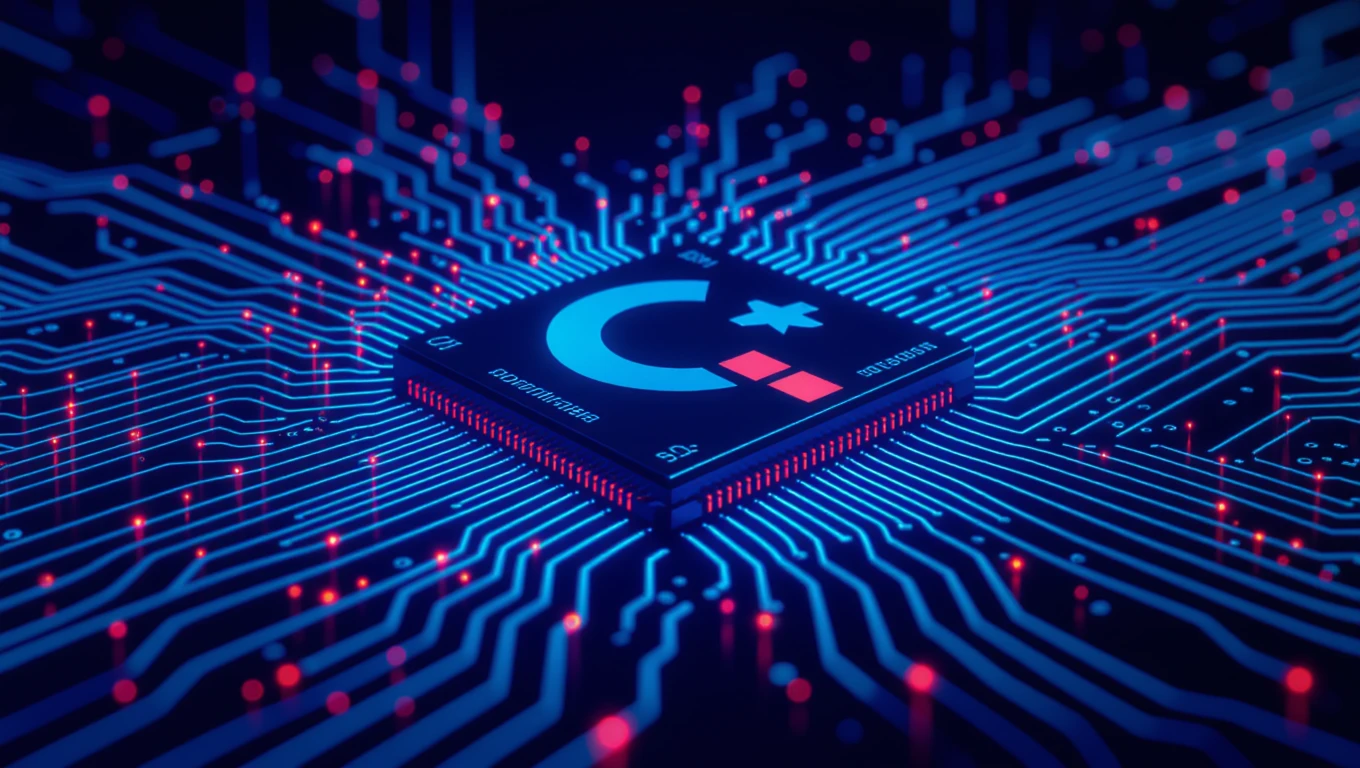 Egy mikrokontroller áramkör, kék és piros LED-ekkel, C++ logóval.