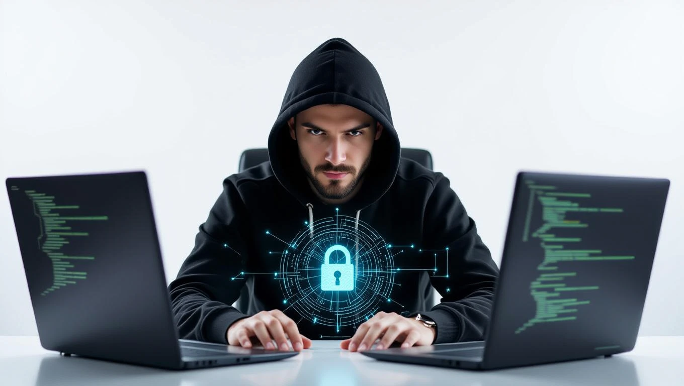 Egy etikus hacker, fekete kapucnis pulóverben, két laptop előtt ül, digitális zár szimbólummal.