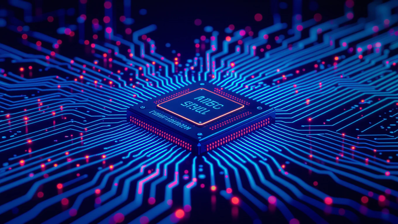 Egy modern mikrochip, amely körül színes áramkörök és LED fények láthatók.