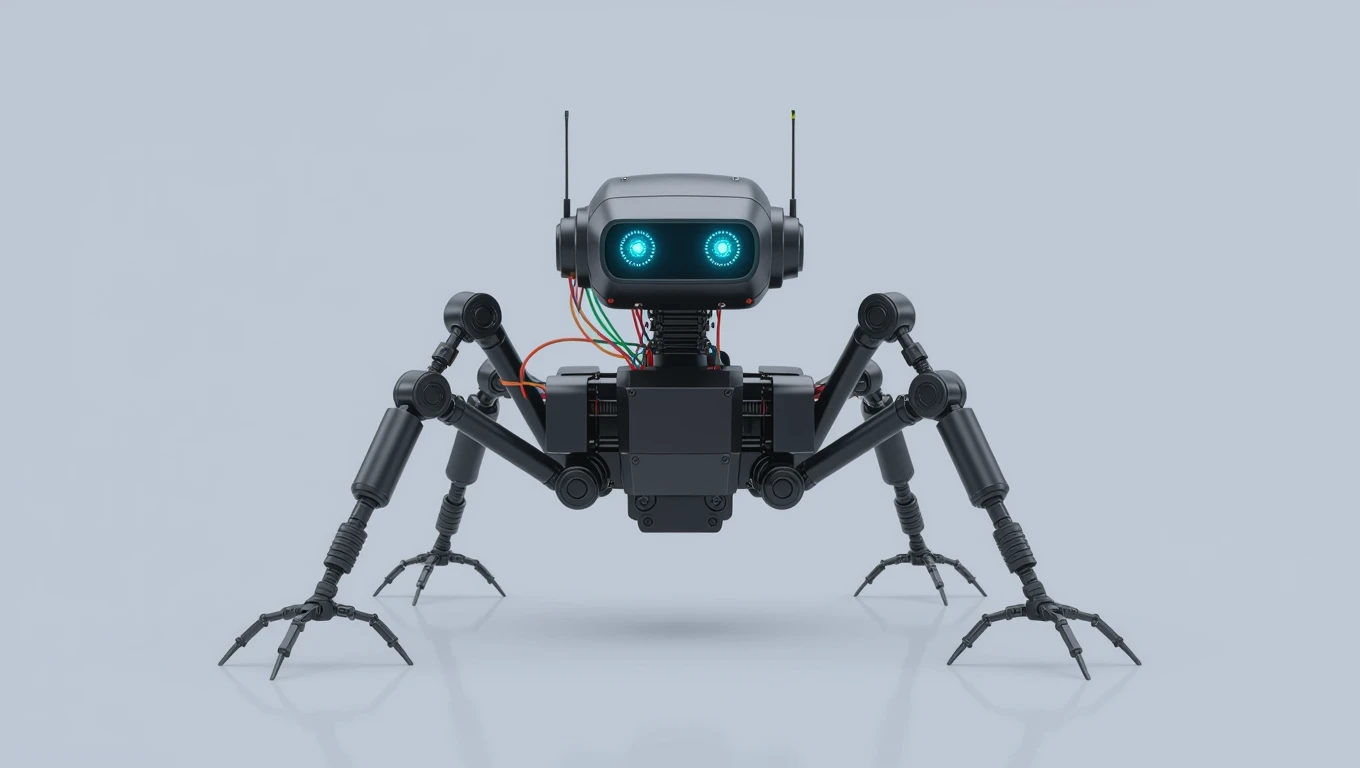 Egy futurisztikus robot, kék szemekkel és mozgatható lábakkal, adatkinyeréshez készült.