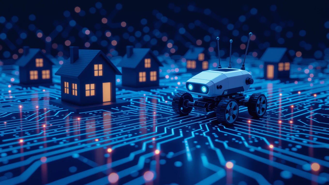 Egy robot autó halad egy kék áramkör mintázatú háttéren, házak között.