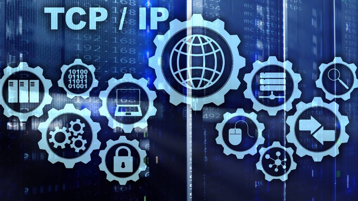 Hálózati ikonok és fogaskerekek, amelyek a TCP/IP protokollt szimbolizálják.