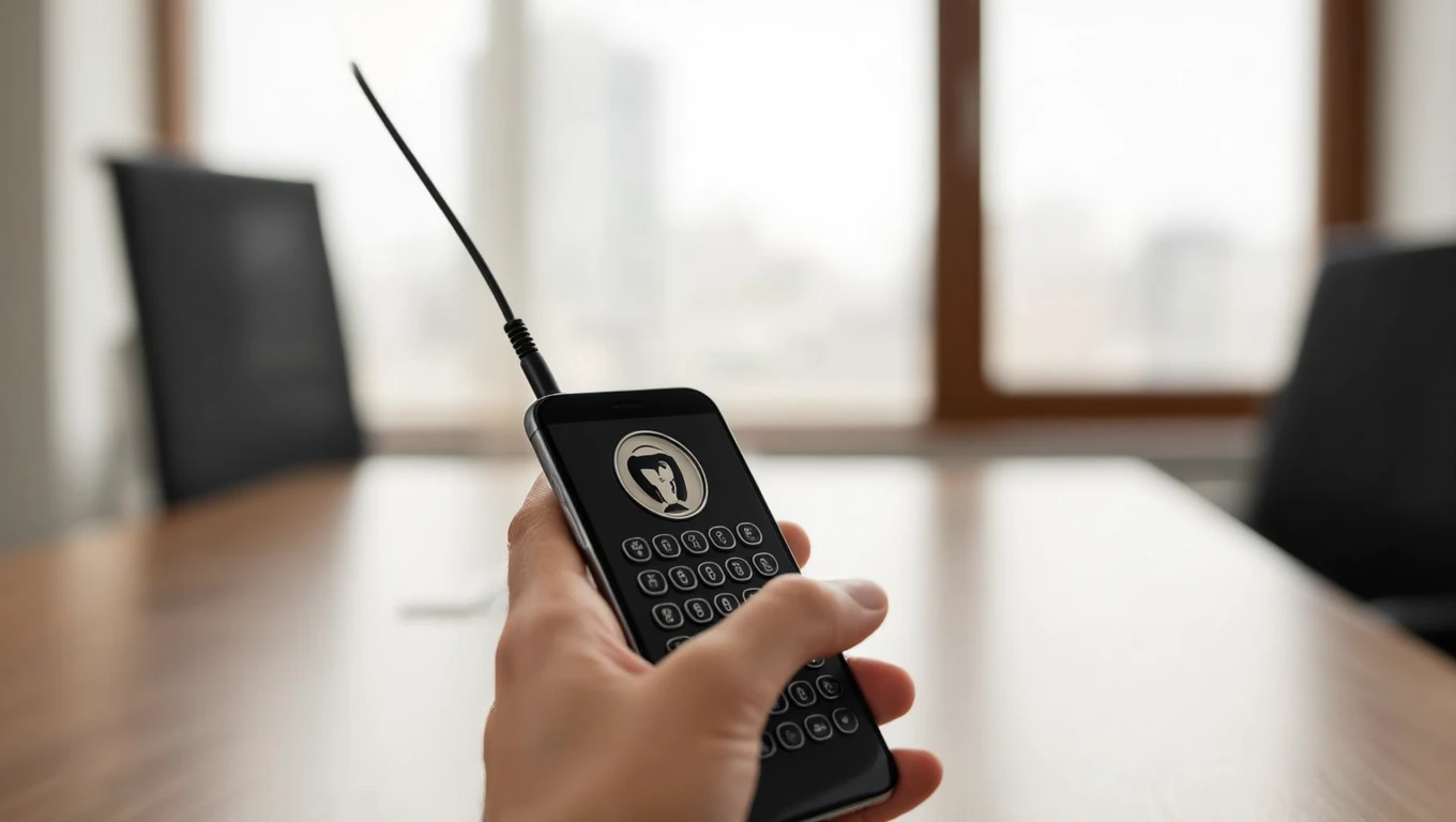 Egy kézben tartott telefon, amely lehallgatásra utaló jeleket mutat.