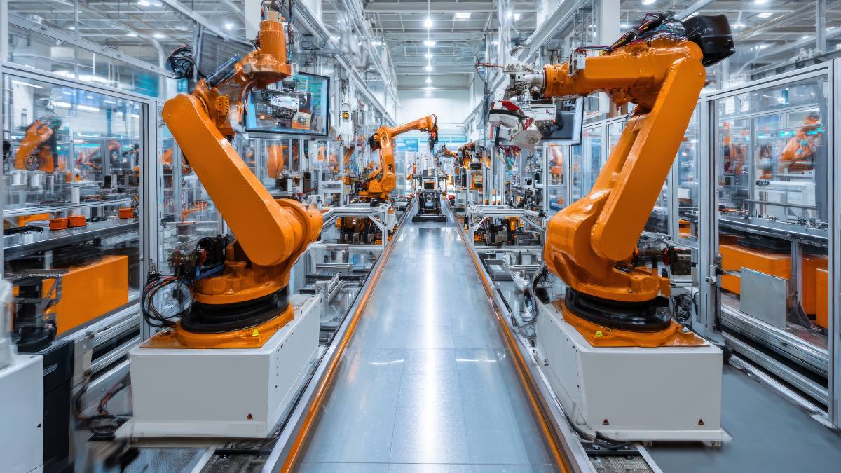 Automatizált gyártósor robotkarokkal, precíziós időzítéssel.