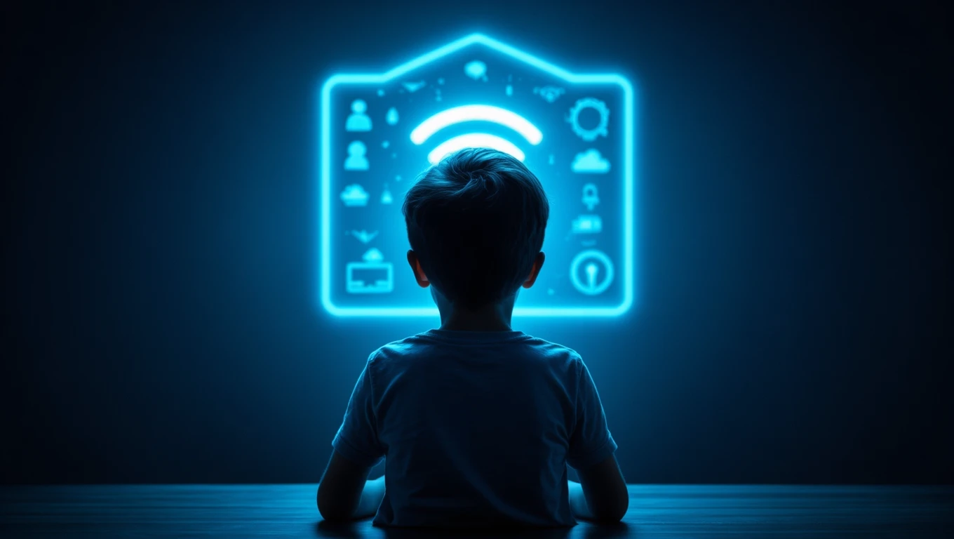 Egy gyermek ül egy asztalnál, háttal a kamerának, digitális ikonokkal teli képernyő előtt.