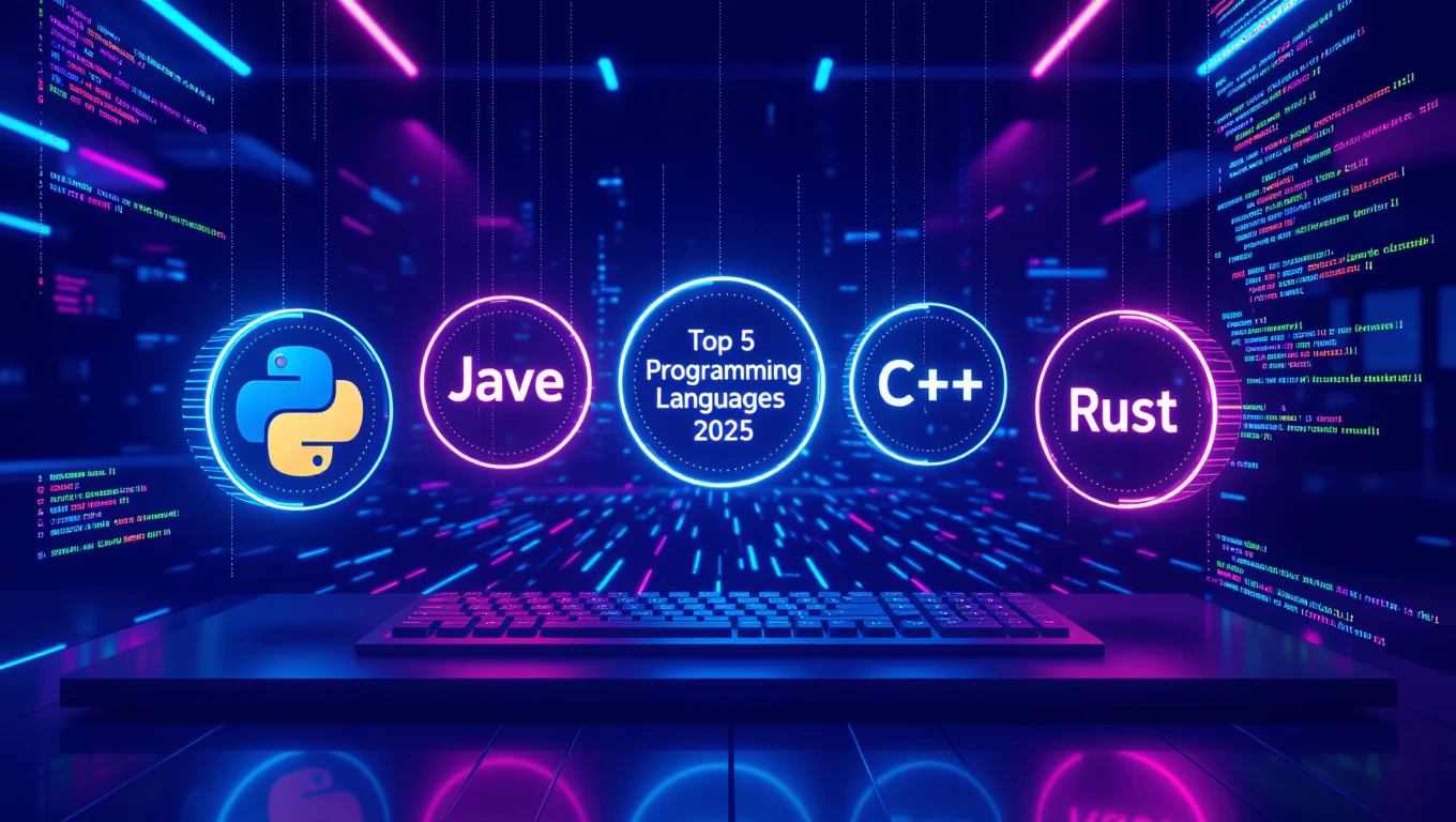 Színes háttér előtt népszerű programozási nyelvek logói láthatók, mint a Python, Java, C++ és Rust.