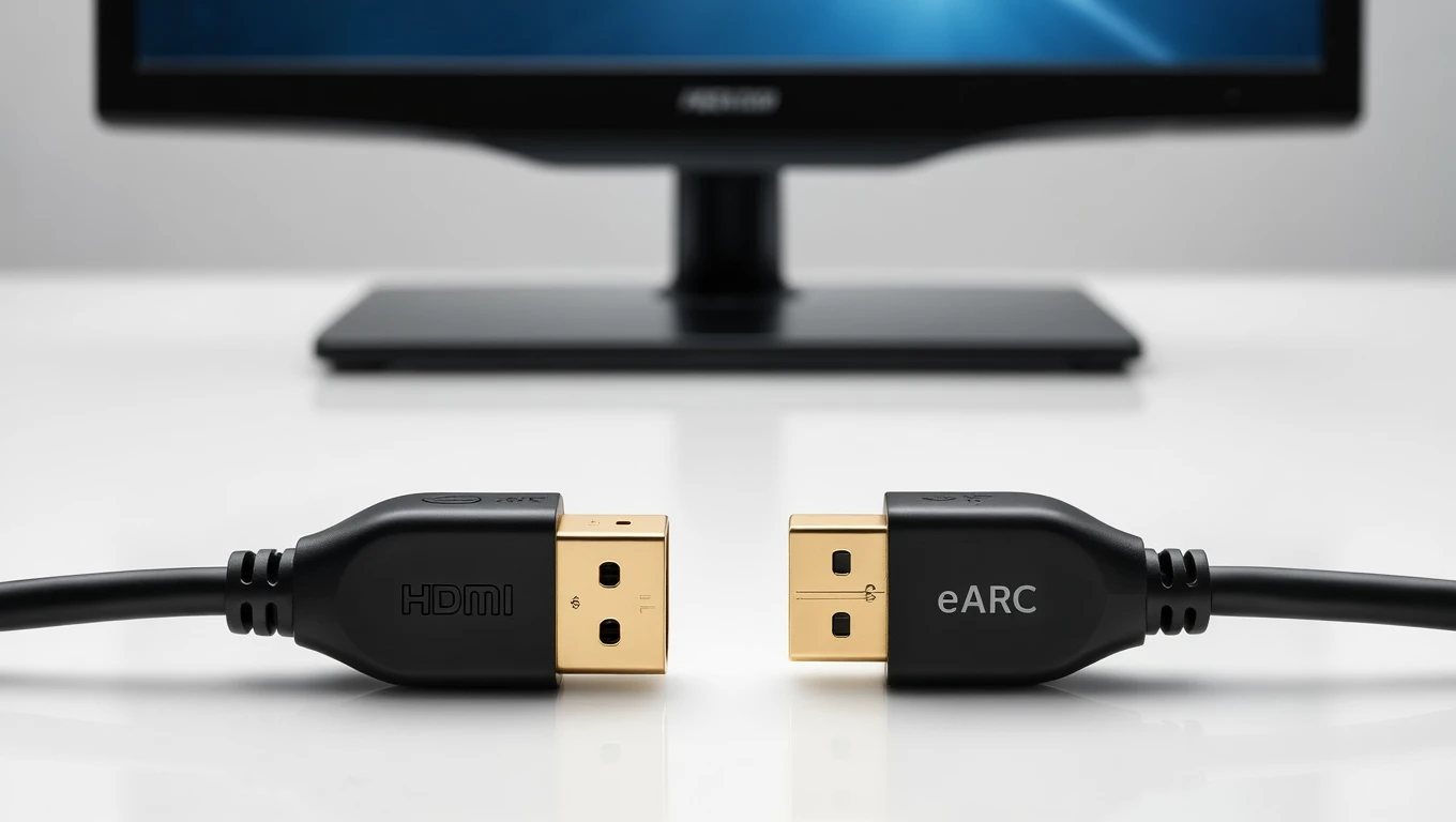 HDMI és eARC csatlakozók közelről, háttérben monitorral.