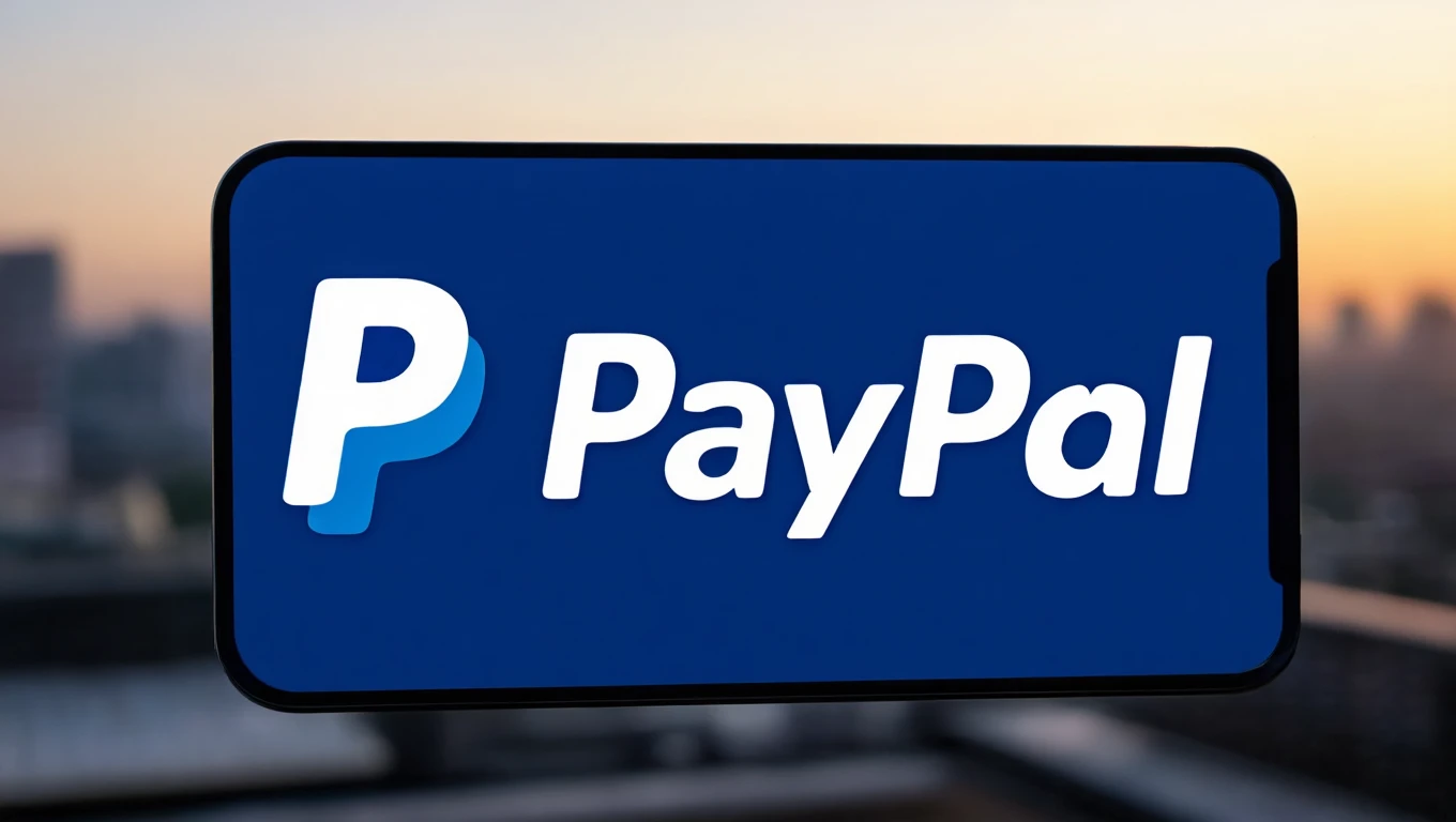 A PayPal logója egy mobiltelefon kijelzőjén, háttérben városi tájjal.