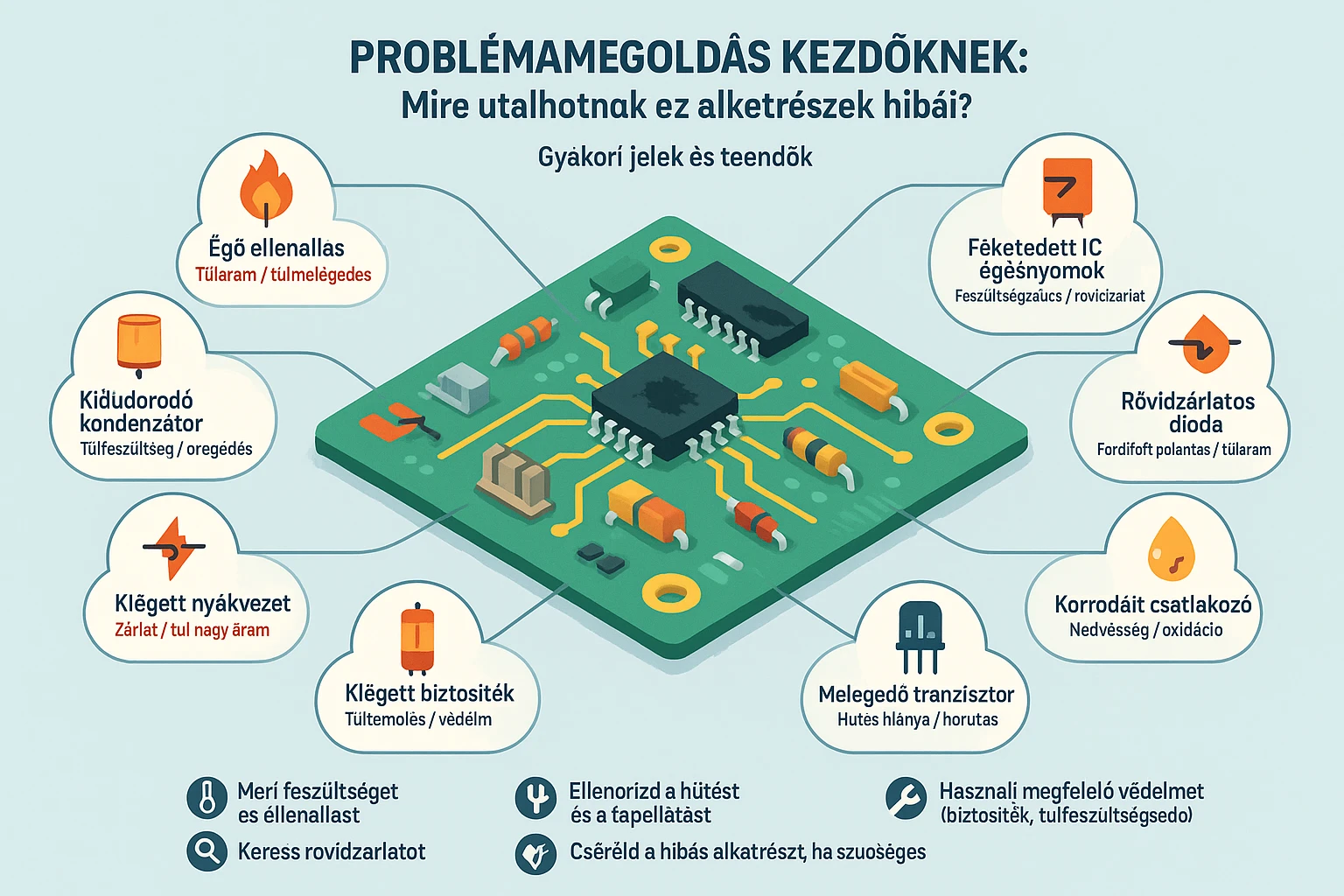 Egy áramkör részletei, hibajelenségekkel és megoldásokkal.
