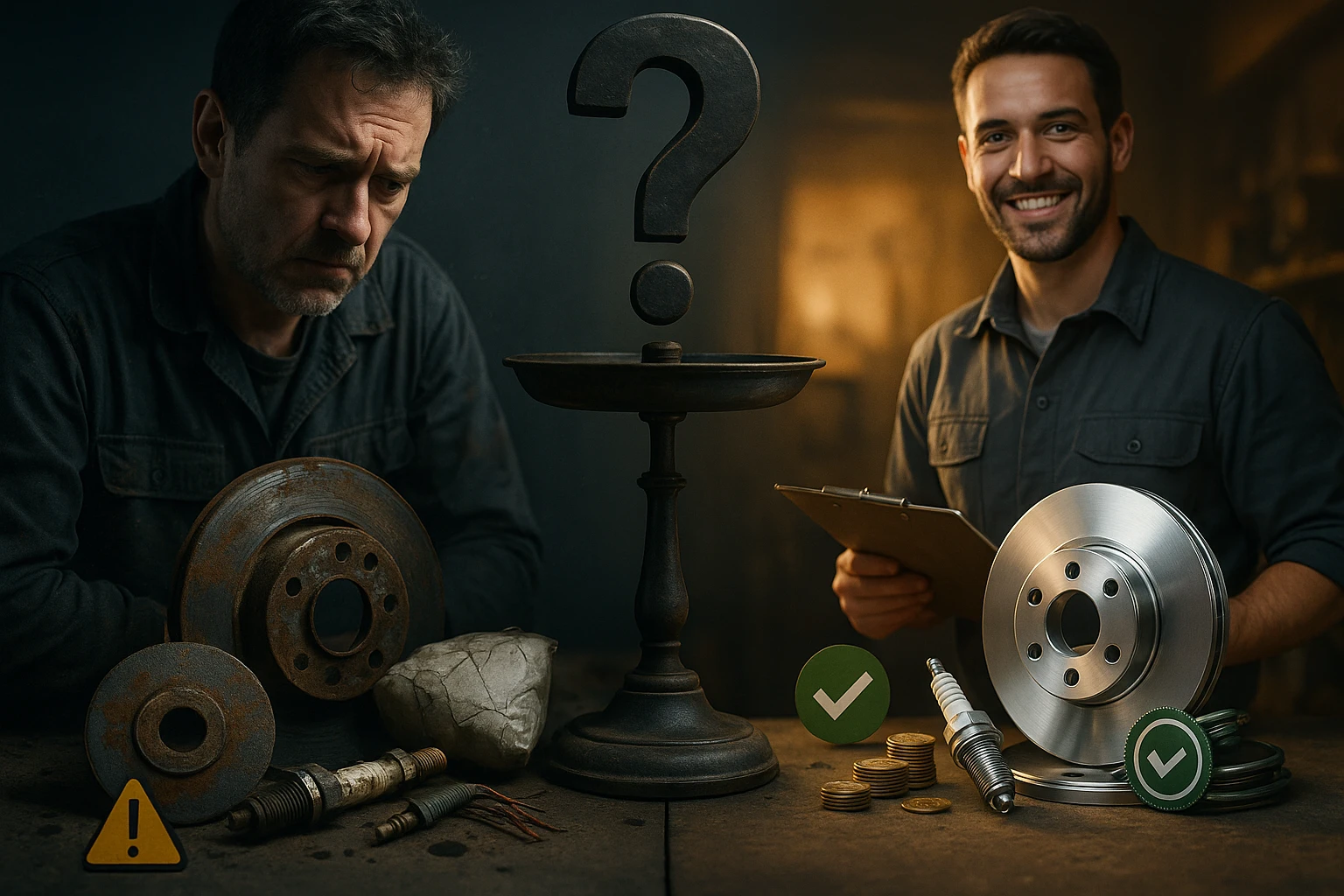 Két férfi áll egy asztalnál, különböző autóalkatrészekkel, az egyik szomorú, a másik mosolyog.