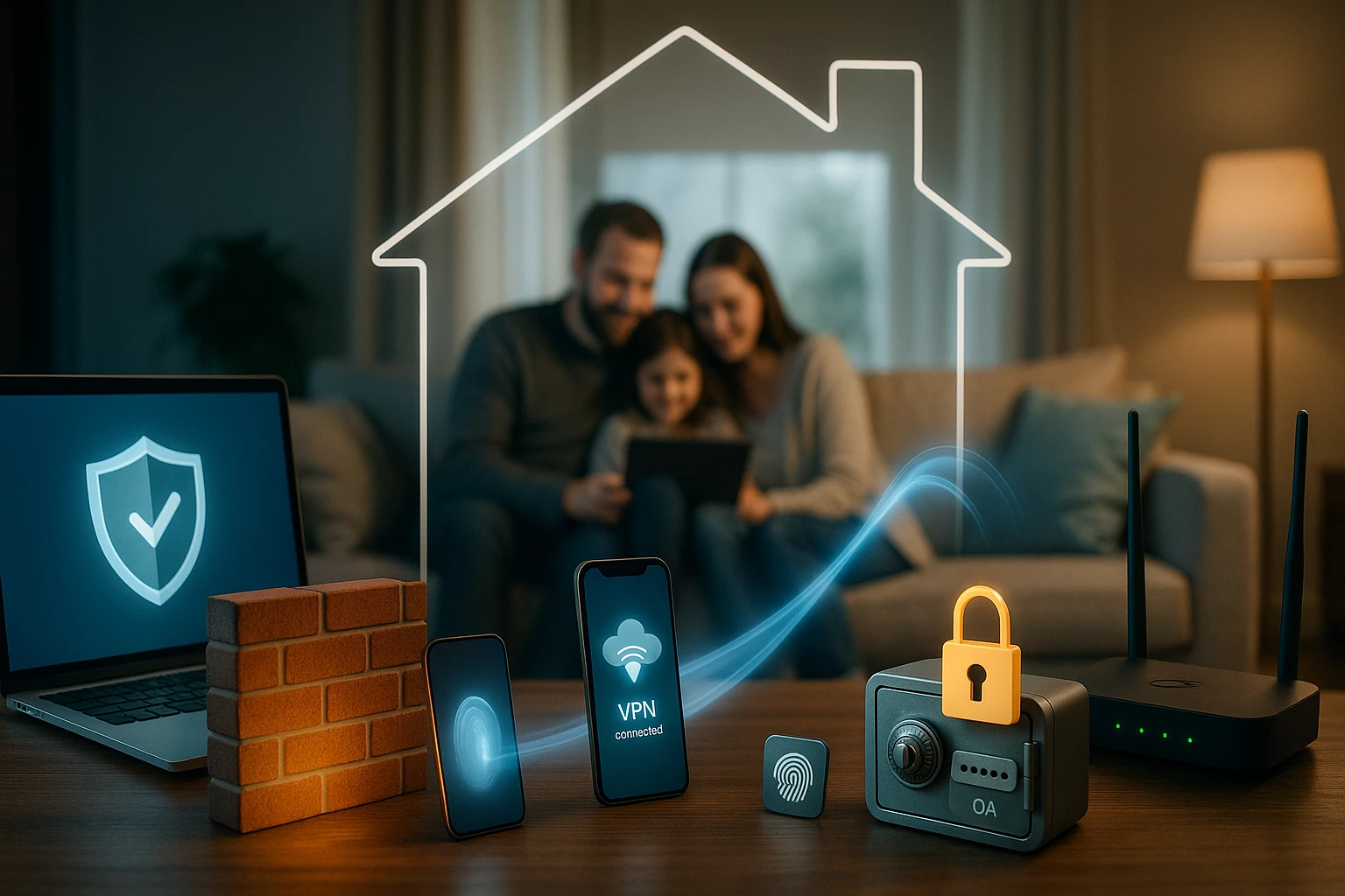 Egy család ül a kanapén, miközben biztonsági technológiák láthatók a közelben.