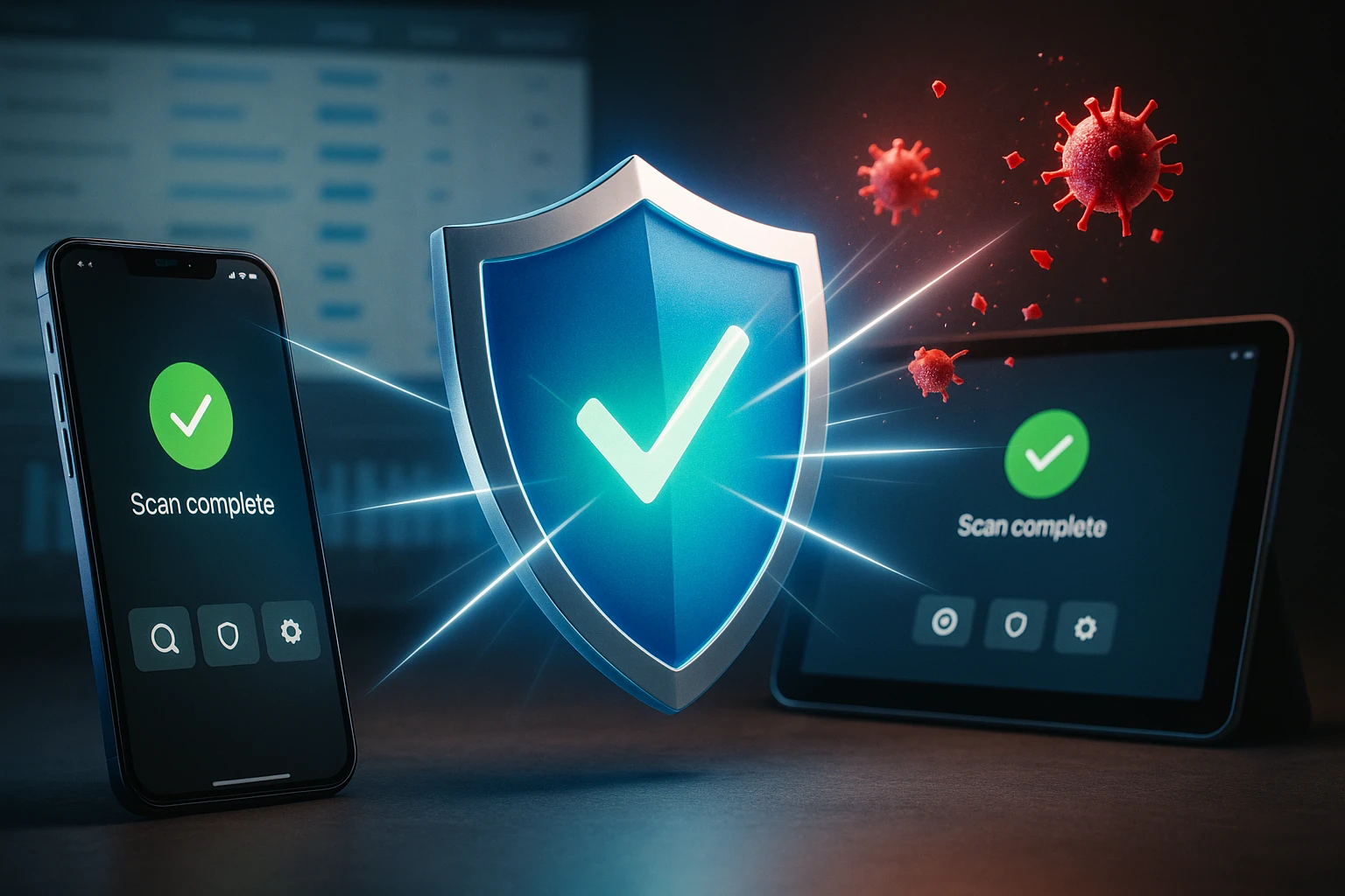 Két eszköz képernyőjén zöld pipa, a háttérben vírusok és védőpajzs