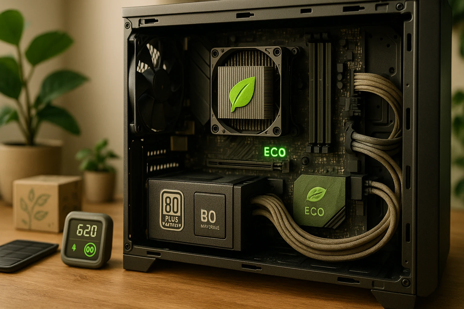 Egy modern számítógép belső része, zöld levelekkel jelölve, környezetbarát technológiával.