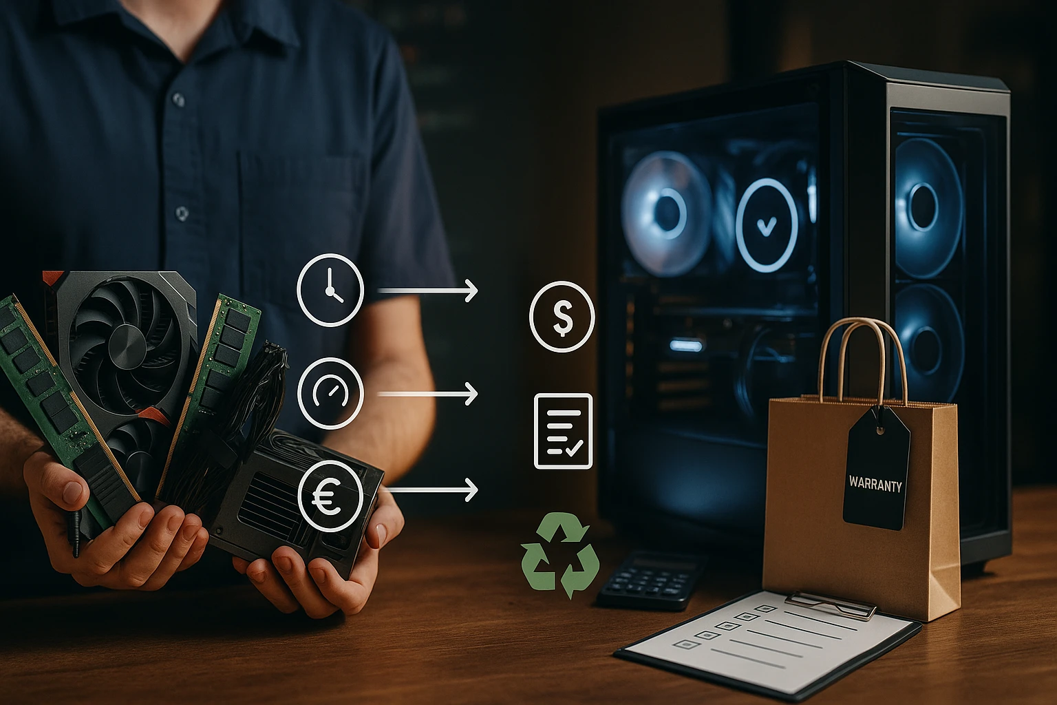 Két grafikus kártya és egy tápegység a felhasználó kezében, háttérben számítógép.