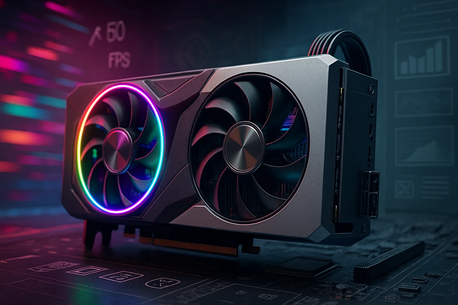 Modern grafikus kártya két ventilátorral és RGB világítással, háttérben technológiai elemekkel.