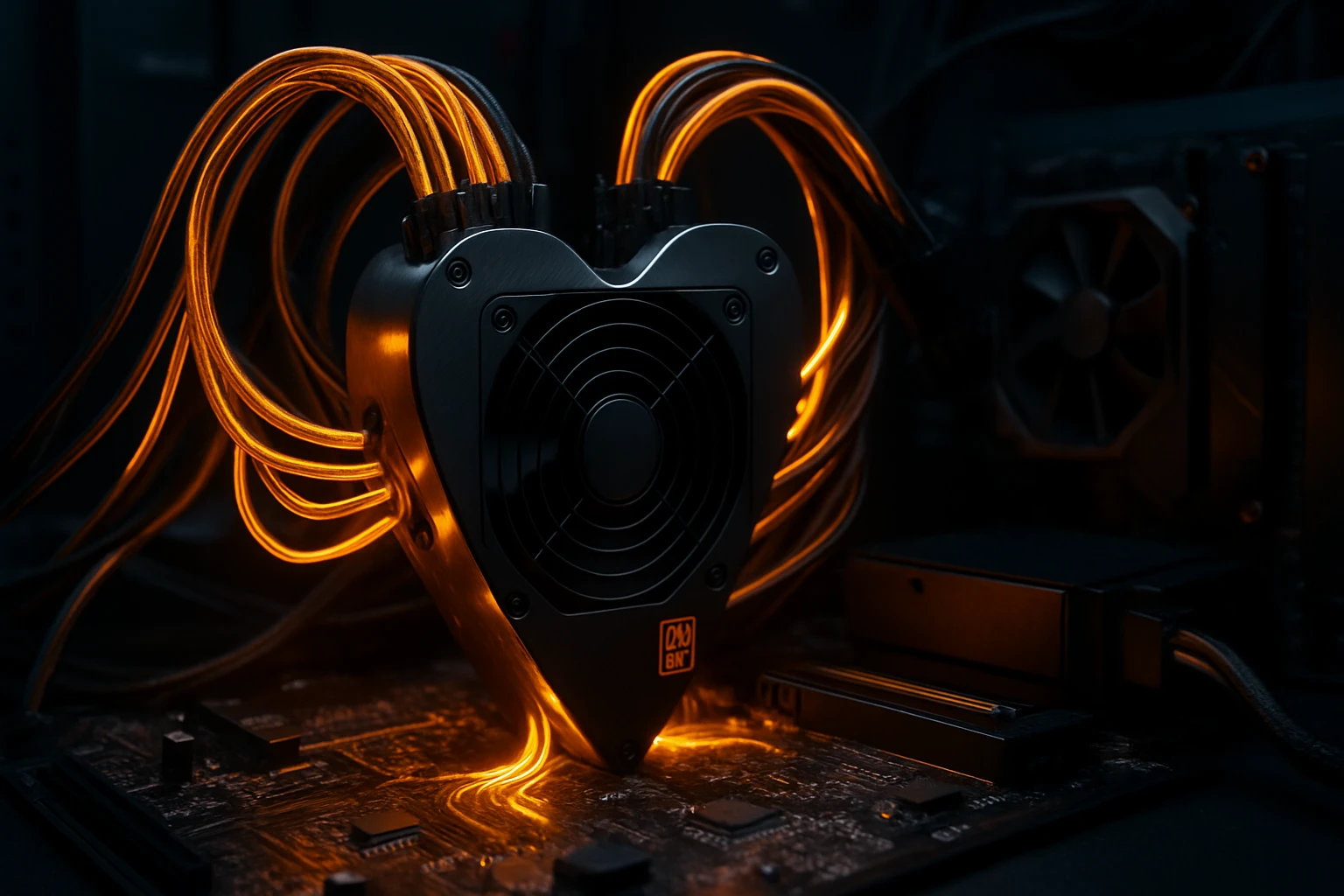 Egy szív alakú számítógép hűtő ventilátor, világító kábelekkel, sötét háttérben.