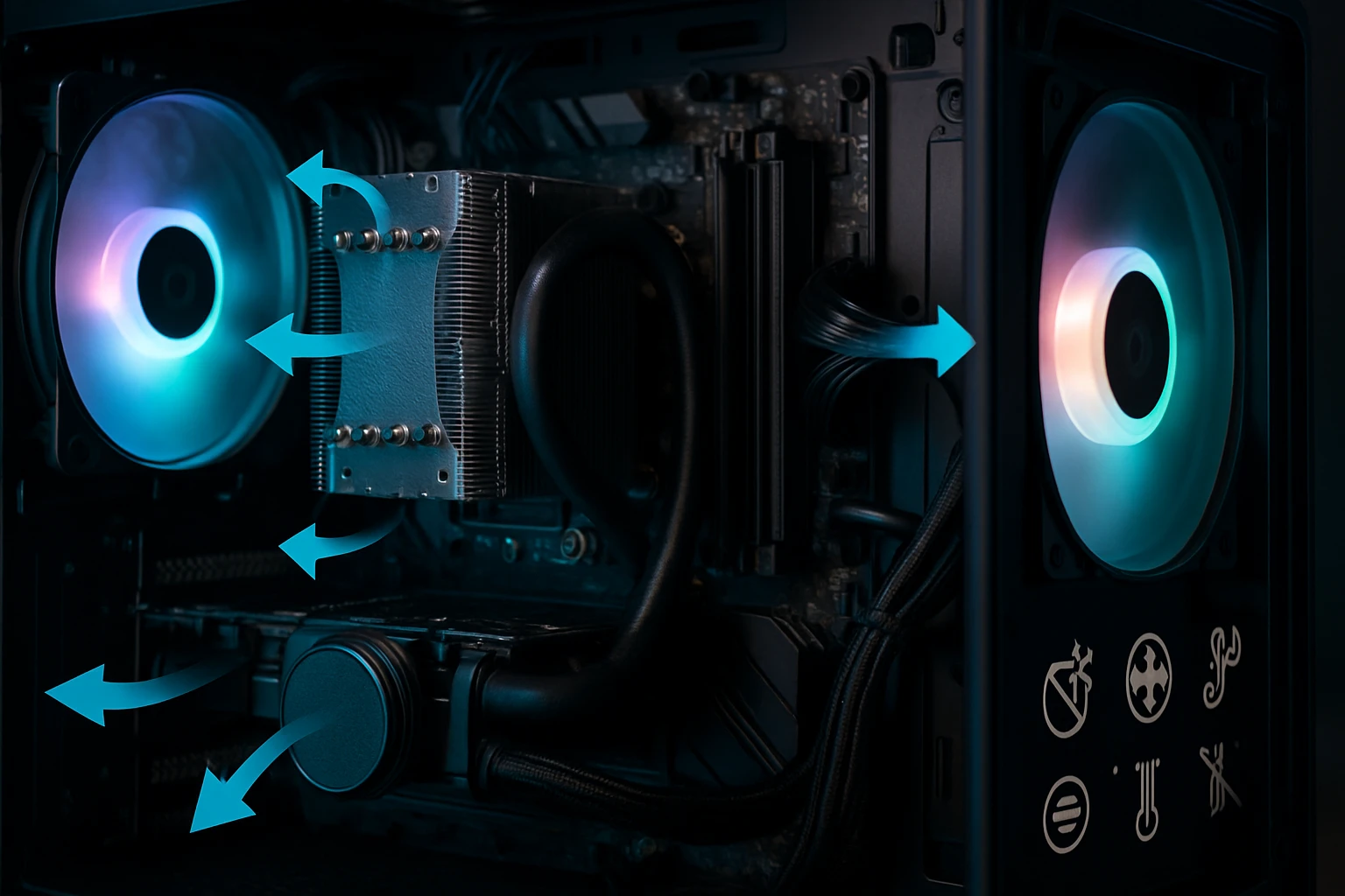 Számítógép hűtőrendszere, színes ventilátorokkal és hűtőbordával.