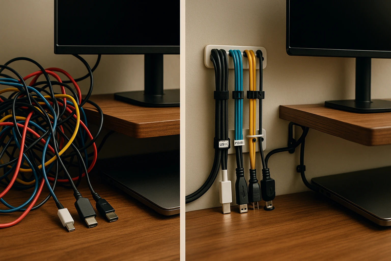 Kábelek rendezetten elhelyezve és összegyűjtve egy asztalon, monitor mellett.
