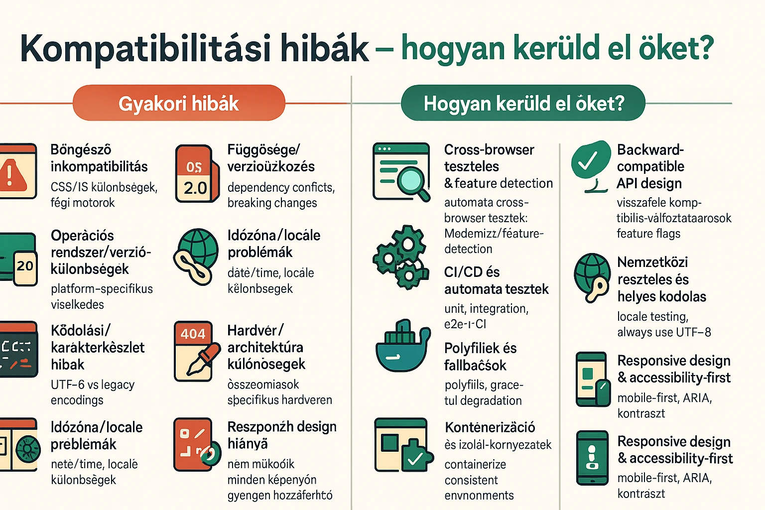 Kép a kompatibilitási hibákról és elkerülésük módjairól, grafikus formában.