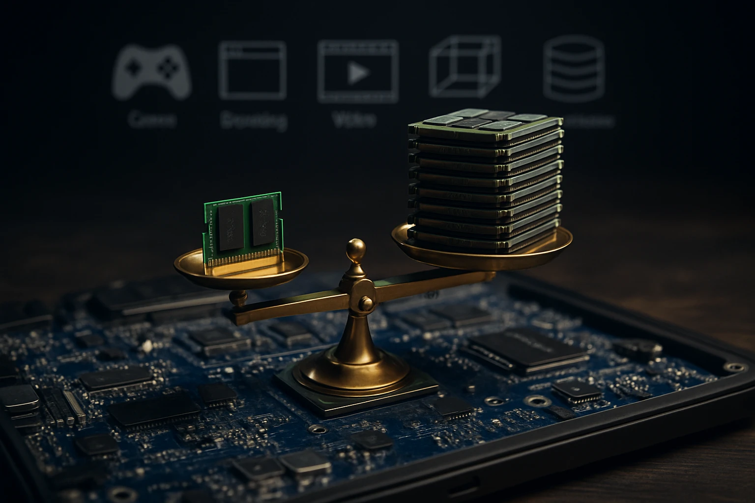 Egy arany mérleg, amelyen egy memóriachip és több memória modul található, háttérben technológiai ikonok.