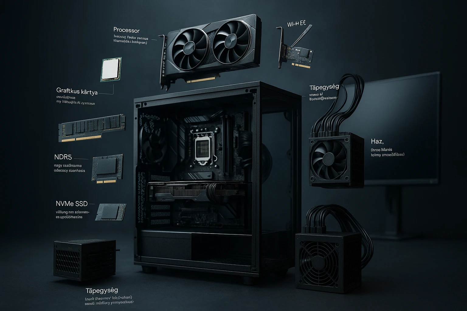 Egy modern számítógép alkatrészei, beleértve a grafikus kártyát és az SSD-t.