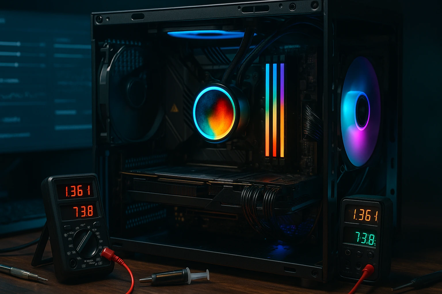 Számítógép belső része RGB világítással és mérőműszerekkel.