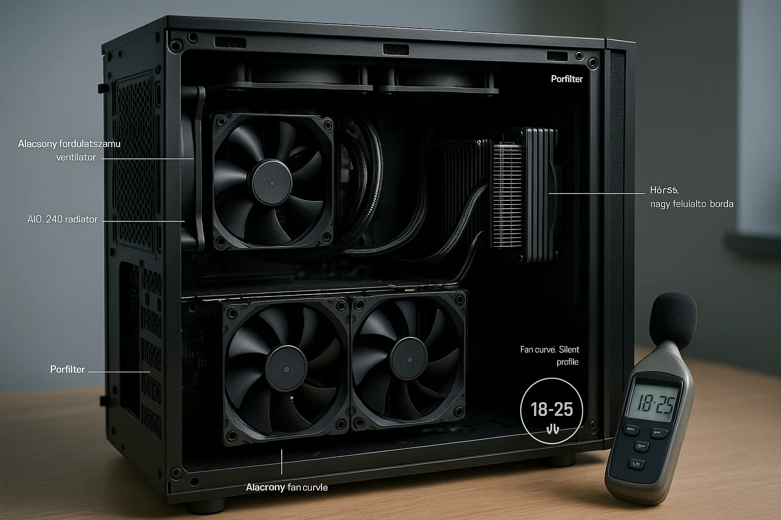 Számítógépház belső részletei, AIO vízhűtő és ventilátorok láthatók.
