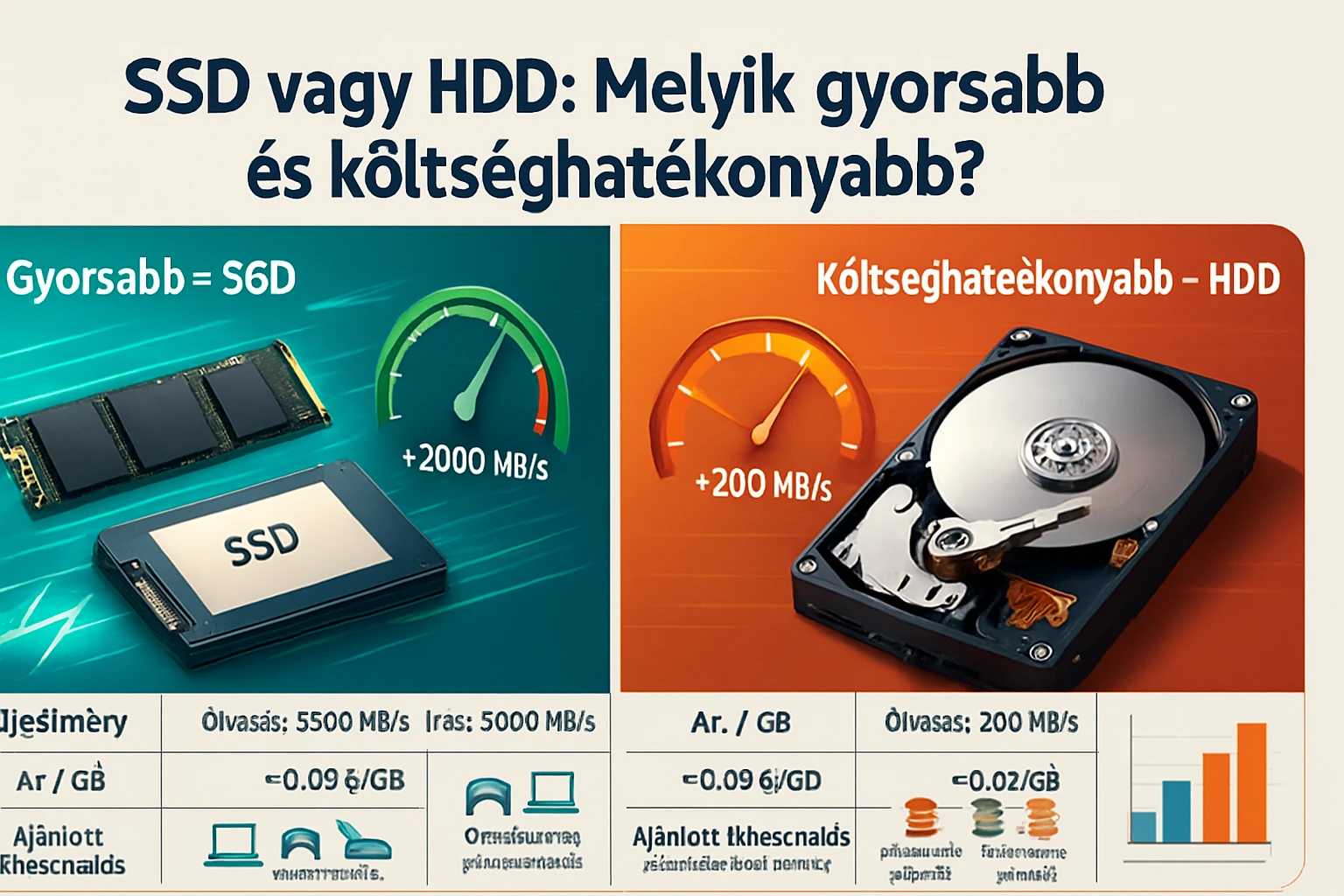 Az SSD és HDD tárolók sebességét és költséghatékonyságát összehasonlító grafika.