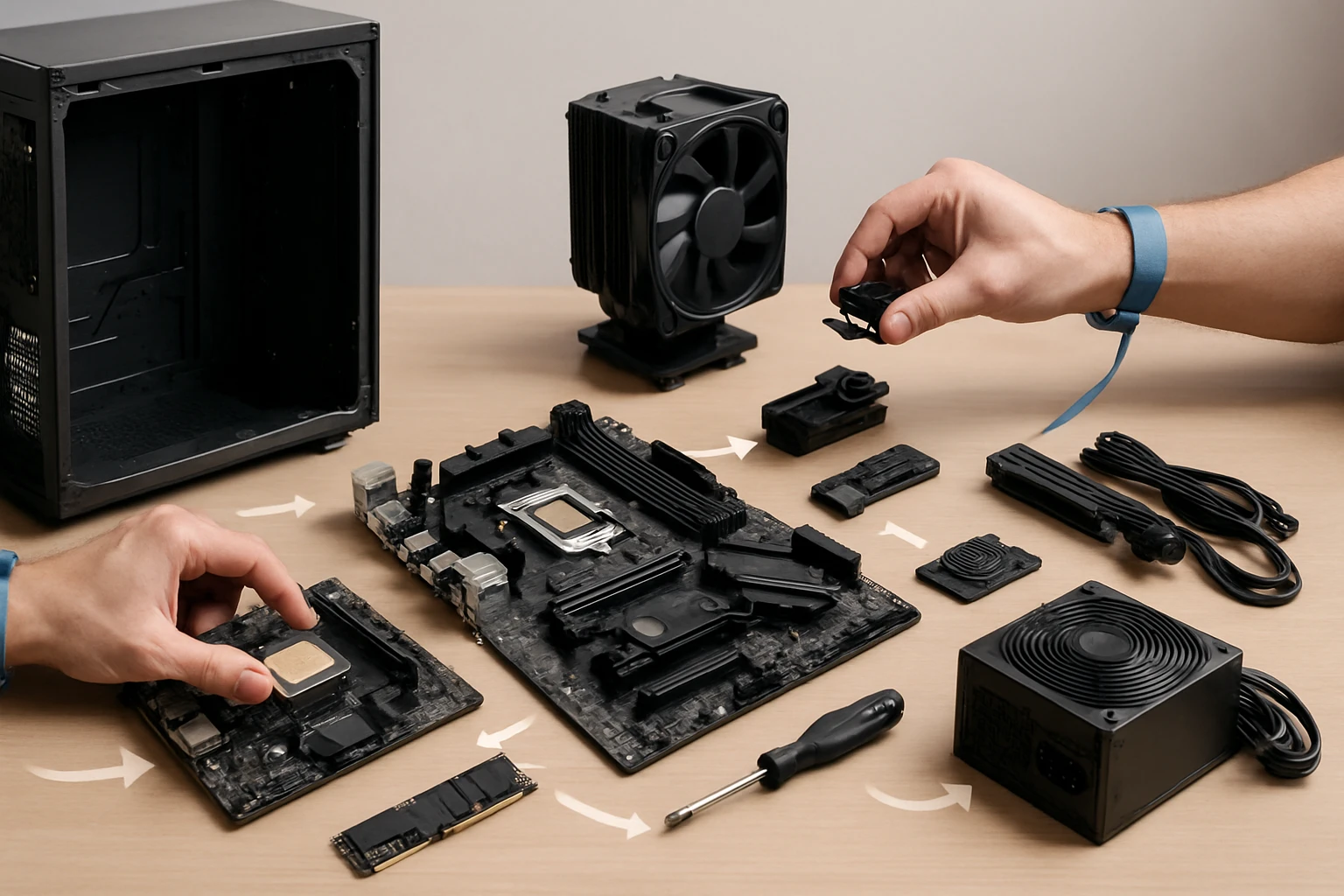 Két kéz egy számítógép alkatrészeit szereli össze, beleértve az alaplapot és a hűtőt.