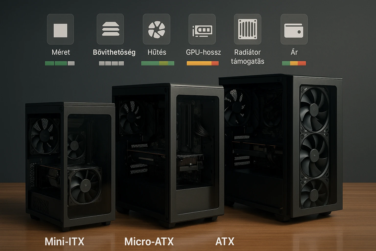 Három különböző méretű számítógépház, Mini-ITX, Micro-ATX és ATX, hűtési és bővíthetőségi információkkal.