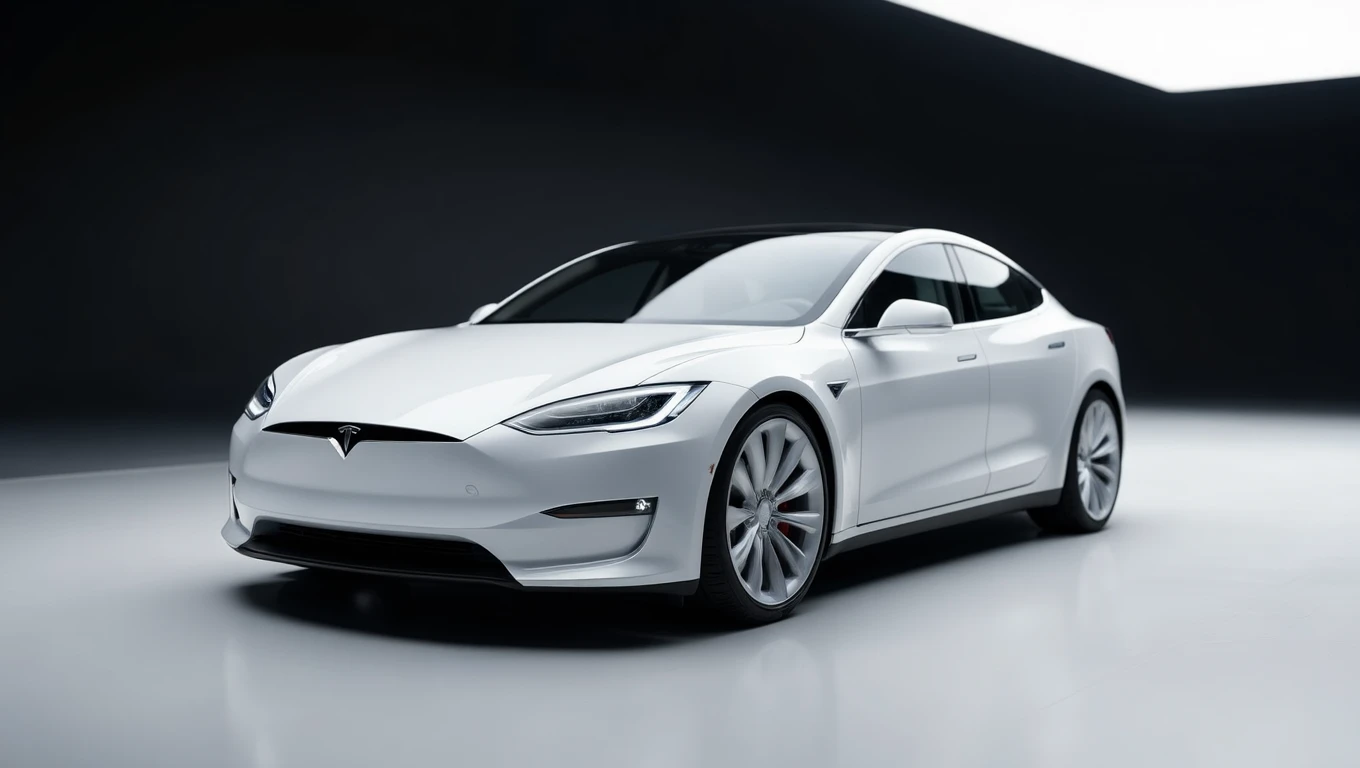 Egy fehér Tesla Model S autó, modern dizájnnal és aerodinamikus vonalakkal.