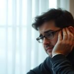 A férfi szomorúan nézi a számítógép képernyőjét, Windows 10 aktiválási hibával küzd.