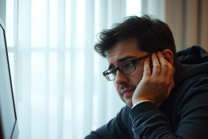 A férfi szomorúan nézi a számítógép képernyőjét, Windows 10 aktiválási hibával küzd.