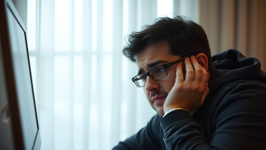 A férfi szomorúan nézi a számítógép képernyőjét, Windows 10 aktiválási hibával küzd.