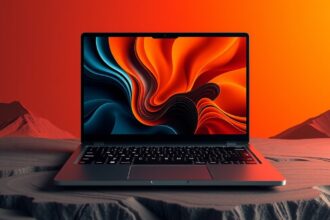 Modern Linux laptop with vibrant display on a stylish background.