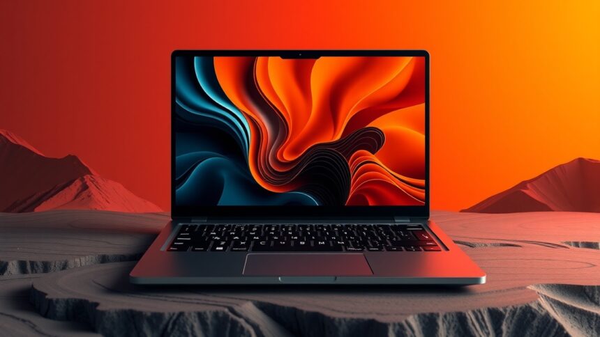 Modern Linux laptop with vibrant display on a stylish background.