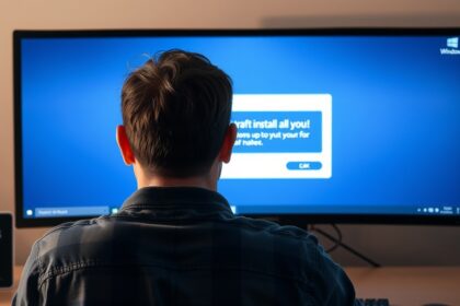 Felhasználó a számítógép előtt, Windows telepítési hibaüzenet keresése.