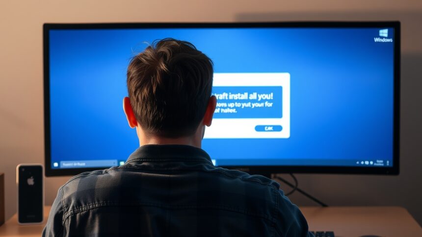 Felhasználó a számítógép előtt, Windows telepítési hibaüzenet keresése.