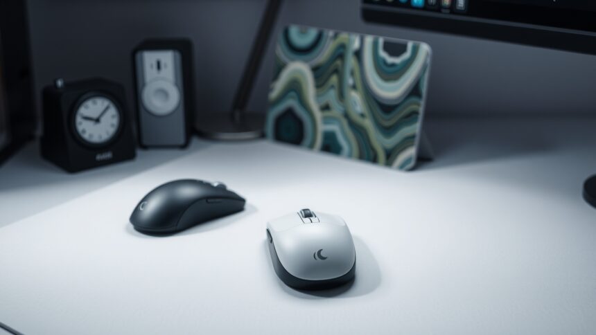 Két egér és egy modern egérpad számítógépes asztalon