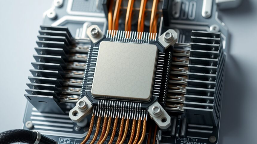 CPU hűtőbordák és processzor közelről, technológiai részletek