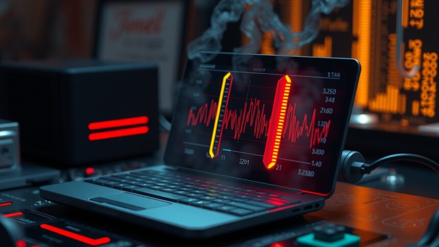 Hőmérséklet-figyelő rendszer laptopon, túlmelegedés észlelési adatokkal.