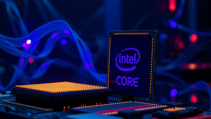 Intel Core i7-14700K processzor képe technológiai háttérrel.