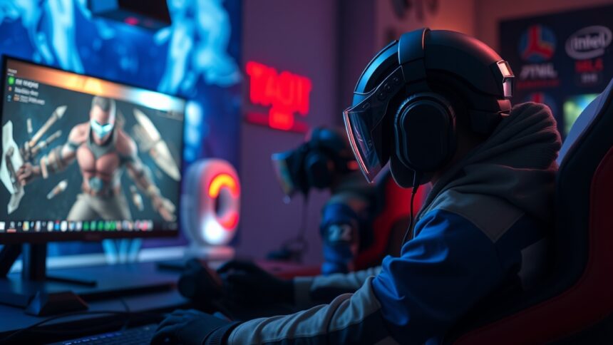 Játékos az Intel Core i5 gaming teszt közben, modern számítógépen.