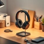 Fejhallgató tartó modern íróasztalon, rendezettség és stílus