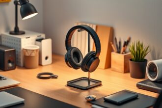 Fejhallgató tartó modern íróasztalon, rendezettség és stílus