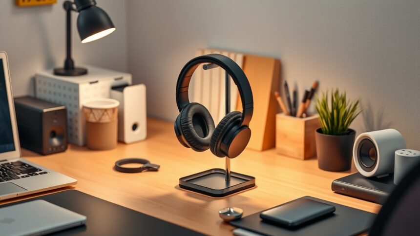 Fejhallgató tartó modern íróasztalon, rendezettség és stílus