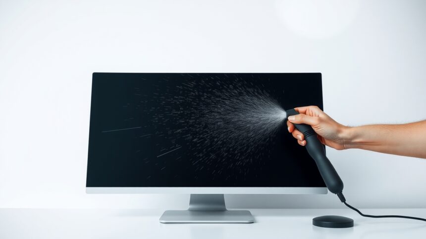 Képernyő tisztítása mikroszálas kendővel és légspray-jel