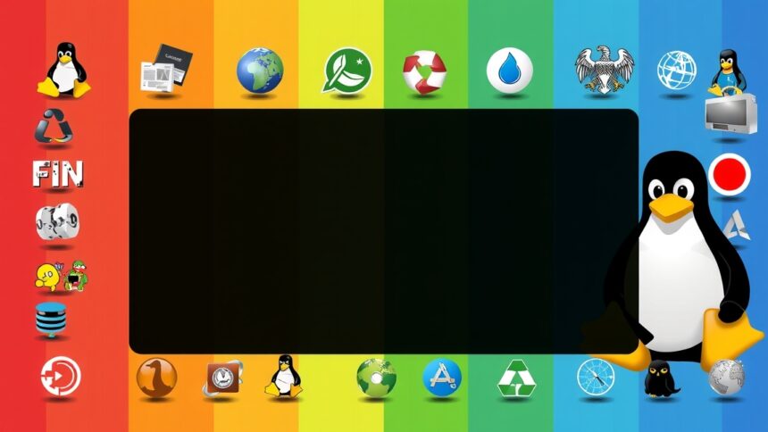 Színes háttér előtt különböző Linux disztribúciók ikonjaival