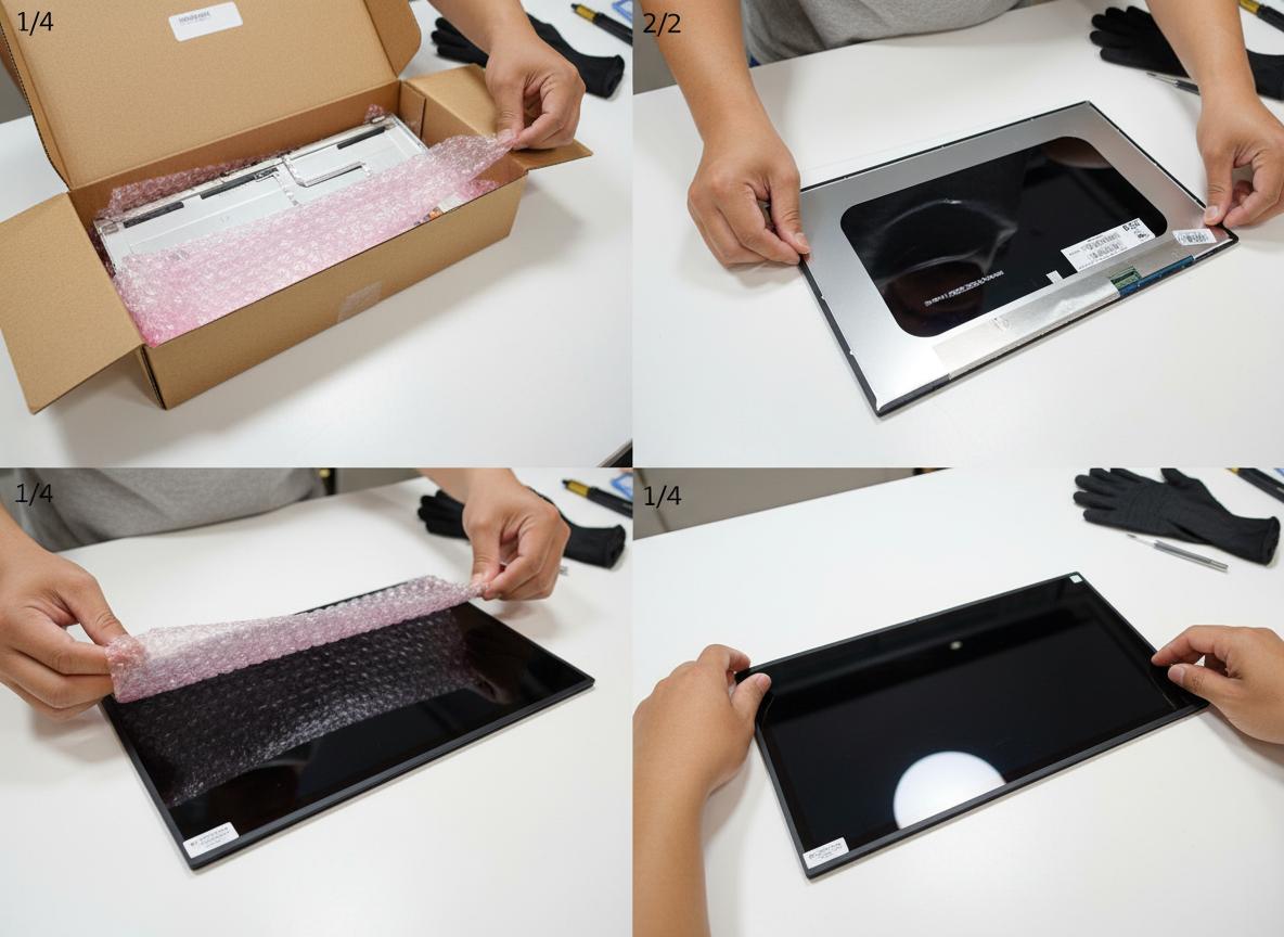 Új laptop kijelző csomagolása és előkészítése a beszereléshez.